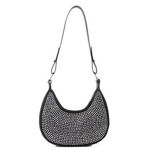 Sparkly black hobo bag for women with silver rhinestones and adjustable leather strap
