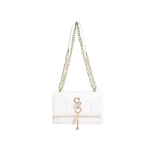 Elegant white quilted crossbody bag with gold chain strap and stylish S-logo tassel