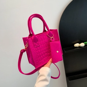 Magenta rose crocodile texture felt tote bag with detachable strap and mini coin purse