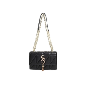 Classic black quilted shoulder bag with gold GSS logo and chain strap for women