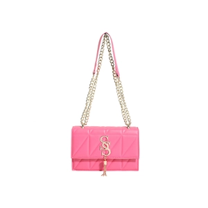 Pink quilted shoulder bag with gold chain strap and stylish tassel fringe pendant