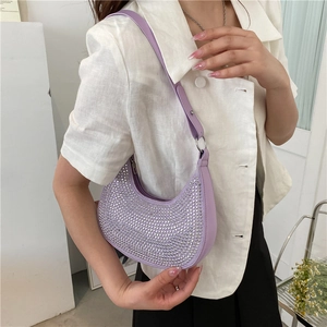 Purple hobo underarm bag for women with sparkling rhinestones and silver chain strap