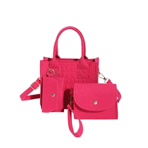 3-in-1 rose red felt handbag set with quilted texture and gold hardware detailing