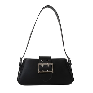Minimalist black PU leather underarm bag with vintage large silver square buckle