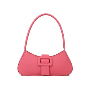 Pink minimalist faux leather shoulder bag with a large square buckle decoration