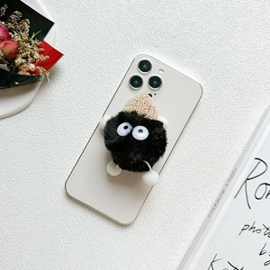 Cute black plush cartoon monster phone stand with a mini knitted hat for desk