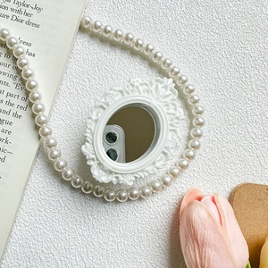 French vintage style pearl necklace set with retro makeup mirror and tulip accents