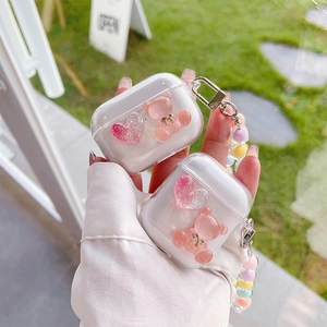 Transparent pink bear and heart AirPods case with colorful beaded charm lanyard