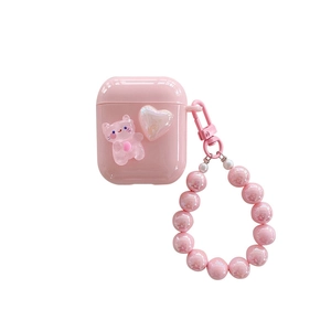 Pink heart cat earphone case for AirPods with glossy finish and matching beaded lanyard