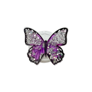 Purple glitter butterfly phone grip with stars and sequins on a white background