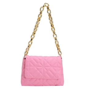 Detail of pink quilted PU leather bag with chunky gold acrylic chain and flap closure