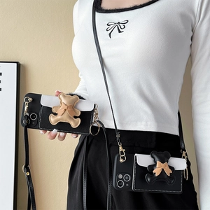 Crossbody iPhone 16 case with bear wallet card holder and adjustable lanyard strap