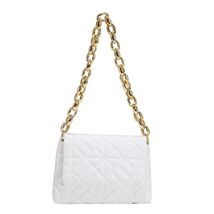 Chic white quilted PU shoulder bag with bold gold acrylic chain handle for women