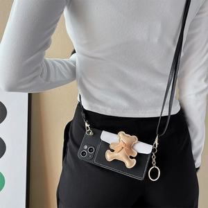 Crossbody iPhone case with cute bear wallet design and detachable black shoulder strap