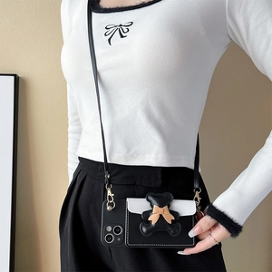 Crossbody Phone Case TPU Leather Wallet Card Holder With Three Dimensional Bear Bowknot Detachable Long Strap Luxury Cute