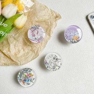 Cute round unicorn phone socket with stars glitter and liquid quicksand effect