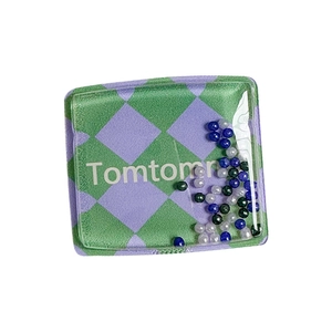 Square checkered popsocket with green and purple grid pattern and colorful beads