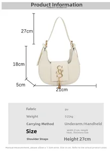 Detailed size chart for PU leather dumpling bag with dimensions 21x18x5cm and S charm