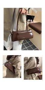 Detail of dark brown glossy patent leather shoulder bag with white fashion lettering text