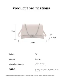 Sac à main sablier blanc en PU montrant dimensions 28x18x6,5cm et détails de la chaîne