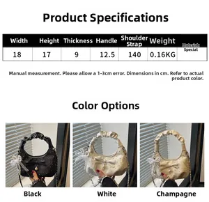 Size chart for pleated crescent bag with details on width, height, and color options