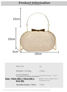 Detailed view of golden sequin evening bag showing 19x10x5cm dimensions and chain strap