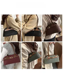 Collage showing multiple colors of retro leopard print suede baguette bags on a model