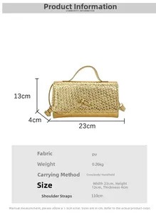 Detailed size specifications for a golden woven PU leather handbag with 110cm strap