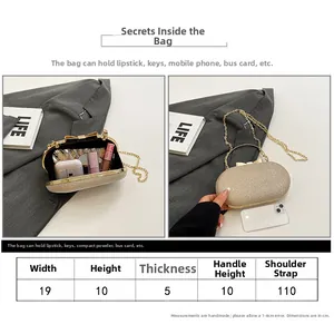 Detailed size chart for champagne gold clutch bag showing dimensions and chain length