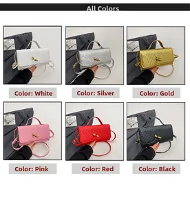 Close-up of woven texture rectangle clutch bags in white, silver, gold, pink, red, and black