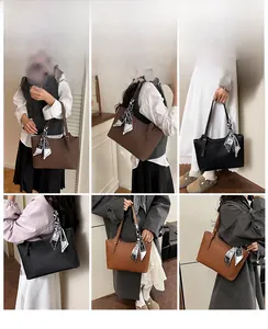 Detailed views of leather tote bags in black and brown with decorative silk scarf handles