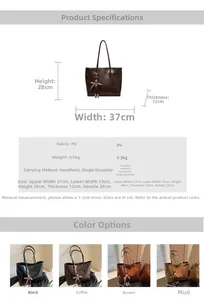Detailed size specifications for a retro large capacity PU leather tote bag in four colors