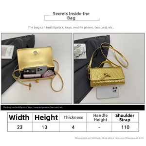 Detailed size chart for a gold woven handbag showing 23cm width and 110cm strap