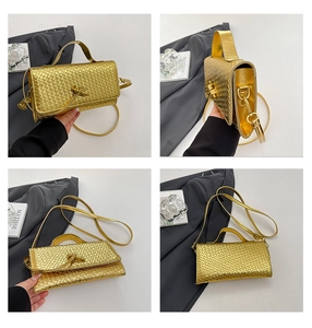 Detail shots of gold woven texture baguette bag showing front, side and handle views
