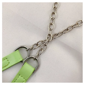 Detailed close-up of fruit green leather strap with silver ring and metal chain connector