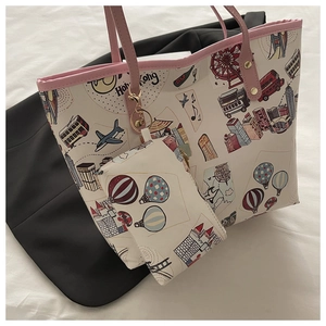 Detail of cartoon print tote bag set featuring Hong Kong illustrations and small coin purse