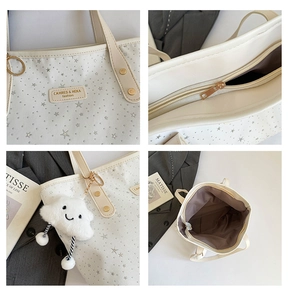 Détails du grand sac cabas blanc avec étoiles argentées et breloque nuage peluche