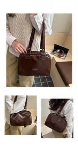 Gros plan sur la texture en cuir marron brillant et la plaque logo métallique gravée du sac