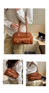 Details der braunen Kunstleder-Schultertasche mit goldfarbenen Drehverschluss-Taschen