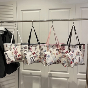 Women Cartoon City Print Tote Bag PU Leather Large Capacity Shoulder Handbag With Matching Pouch For School Work