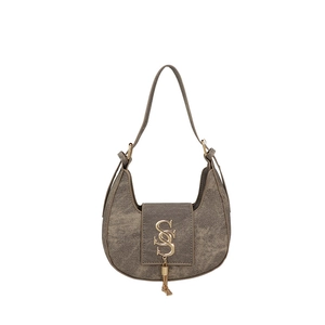 Retro PU leather hobo bag in brownish grey with golden metal logo and fringe detail