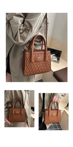 Detail of brown quilted faux leather handbag featuring a golden metal bow and dual handles