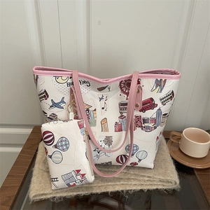 Cartoon Hong Kong print tote bag with pink straps and matching zip pouch set