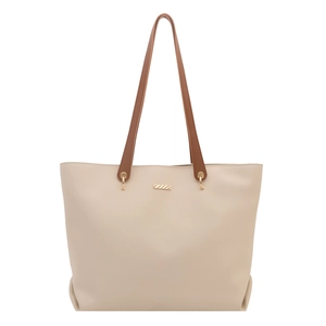 Minimalist beige PU leather tote bag with brown straps and gold metal decorative hardware