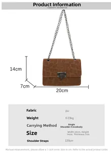 Brown leopard print PU bag with silver chain strap and size chart detail