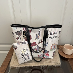 Cute cartoon Hong Kong print tote bag with small pouch set for daily commuting