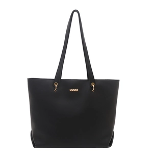 Minimalist black tote bag with gold metal hardware and textured finish for daily use