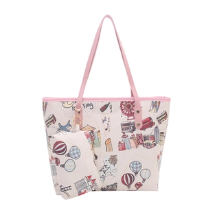Sac fourre-tout à motif dessin animé avec poignées roses et pochette assortie, blanc