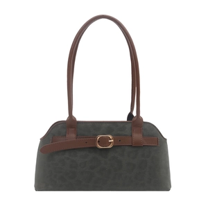Retro leopard print shoulder bag in dark suede with brown leather straps and gold hardware