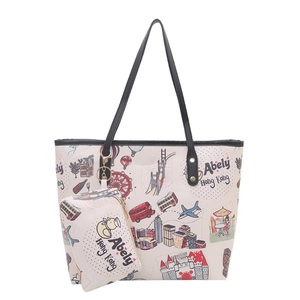 Abely Hong Kong cartoon print tote bag set with matching pouch and city illustrations